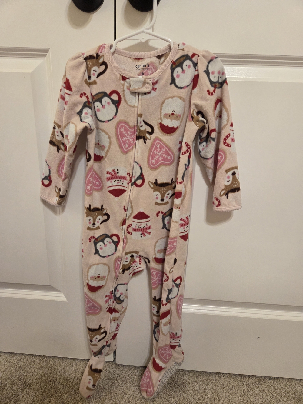 Carter's 2T Pink Holiday Animal & Santa Print Fleece One-Piece Pajamas